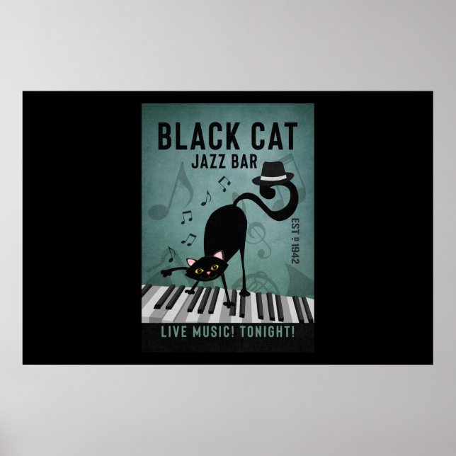 Affiche Black Cat Jazz Bar Funny Black Cat Jouer Piano (Devant)
