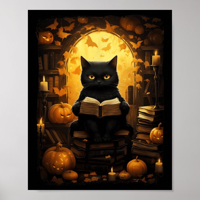Affiche Black Cat Lecture Livres Citrouille Automne Enseig (Devant)