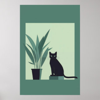 Affiche Black Cat Minimalist Wall Art Modern Green Botanic