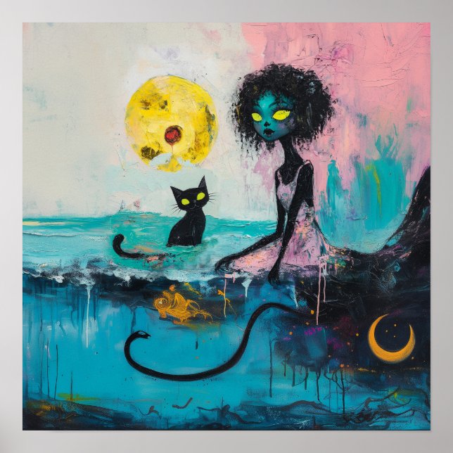 Affiche Black Cat Moon Magique Witchy AI Art Semi-brillant (Devant)