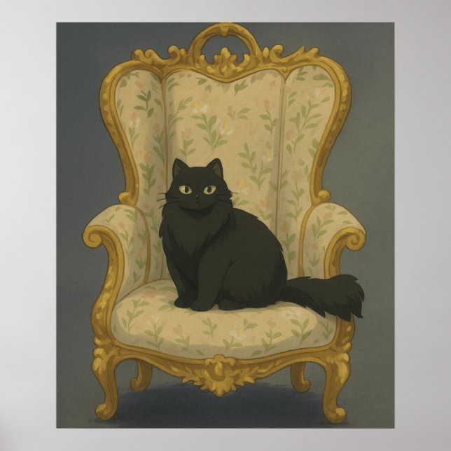 Affiche Black Cat on Ornate Chair – Elegant Gothic Pet Por (Devant)