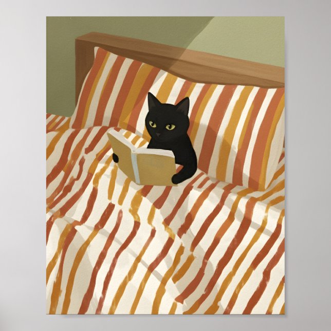 Affiche Black Cat Reading in Bed | Peaceful Bedroom | Cat  (Devant)