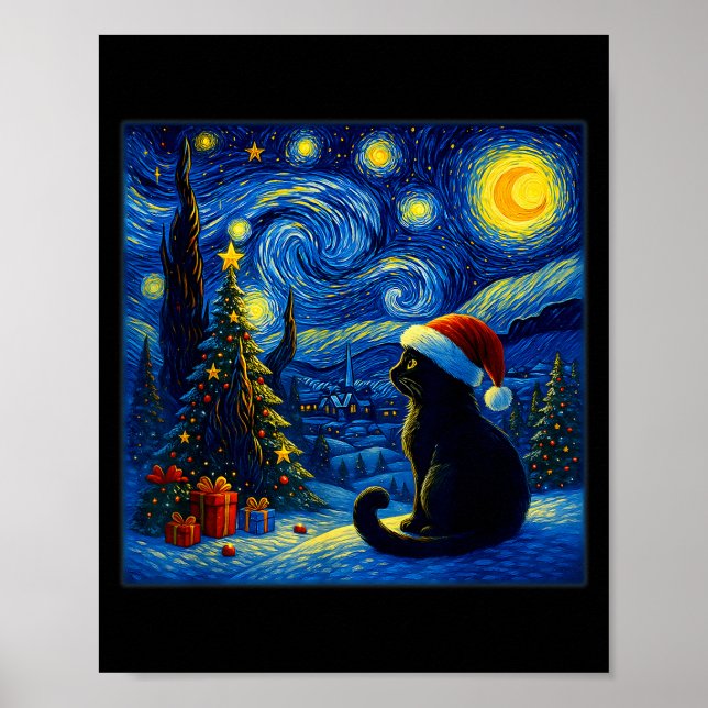 Affiche Black Cat Santa Hat Van Gogh Starry Night Christma (Devant)