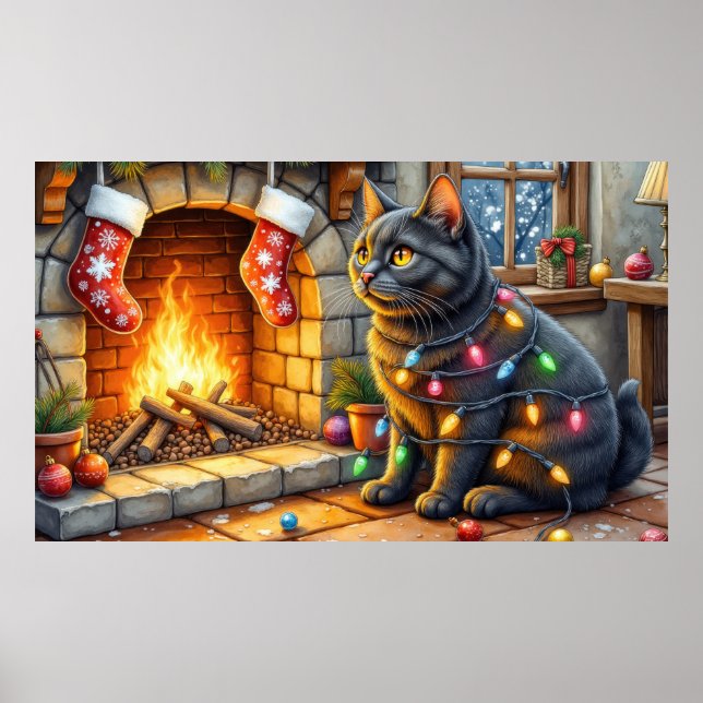 Affiche Black Cat Sitting Fireplace with Christmas Lights (Devant)