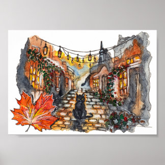 Affiche Black Cat Village Road Halloween Watercolor