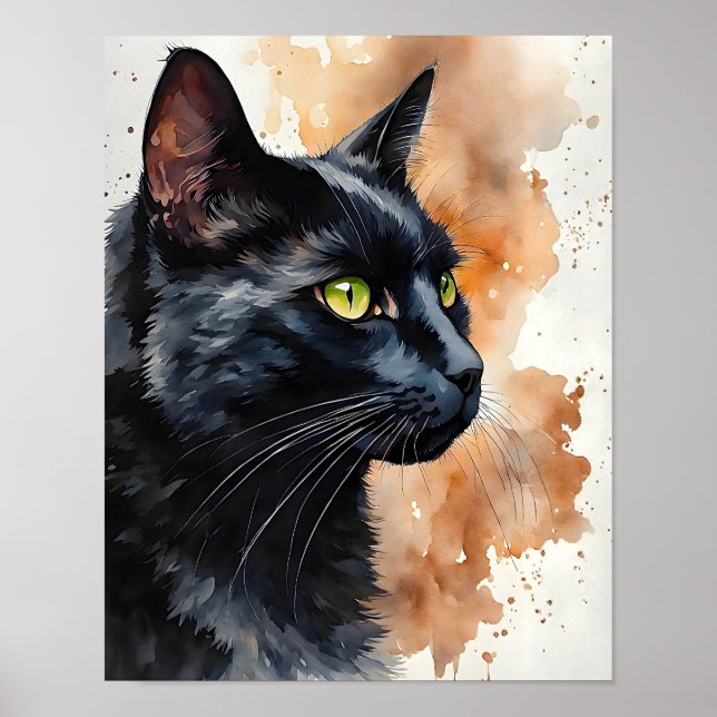 Affiche Black Cat Watercolor Elegant Feline Wall Art Print (Devant)