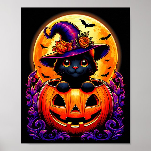 Affiche Black Cat Witch Hat Pumpkin Funny Halloween Men Wo (Devant)