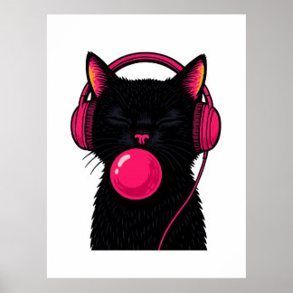 Affiche Black Cat with Pink Phone Head – Funny Minimalist 
