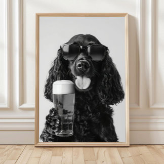 Affiche Black Cocker Spaniel Drinking Beer Wall Art, Black