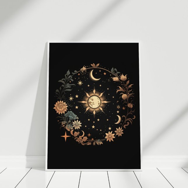 Affiche Black Floral Celestial Boho Mur Art (Black Floral Celestial Boho Wall Art in a white frame against white wall.)