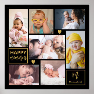 Affiche Black & Gold 7 Photo Collage Nom de famille Monogr