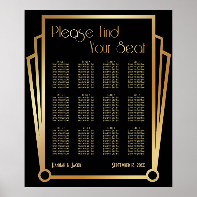 Affiche Black & Gold Art Deco 12 Tables Seating Chart (Devant)