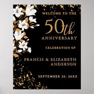 Affiche Black Gold Bienvenue Floral 50e anniversaire Maria