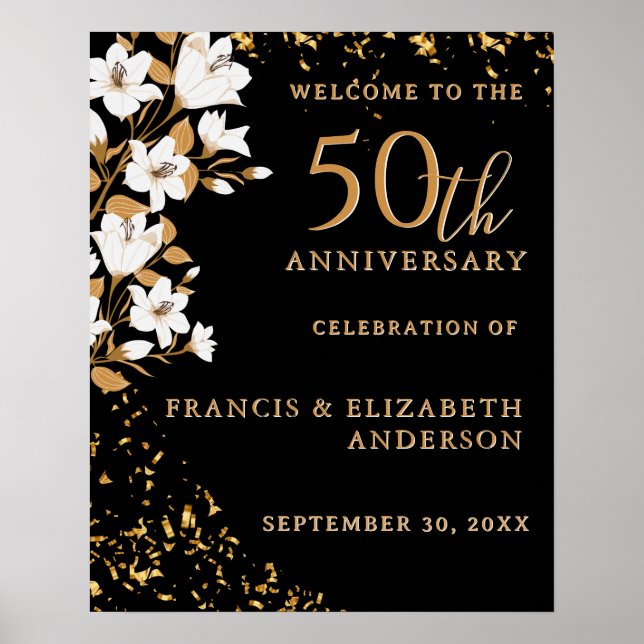 Affiche Black Gold Bienvenue Floral 50e anniversaire Maria (Devant)