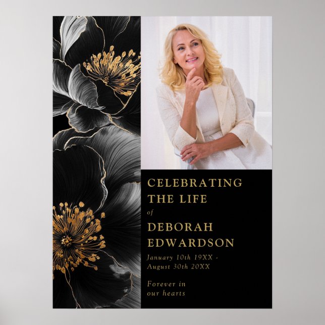 Affiche Black Gold Funeral Celebration Of Life Photo Sign (Devant)