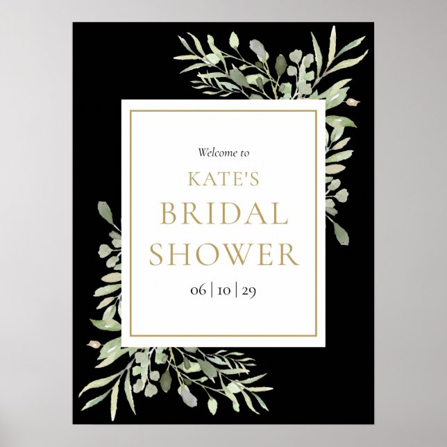 Affiche Black Gold Greenery Bridal Shower Welcome (Devant)
