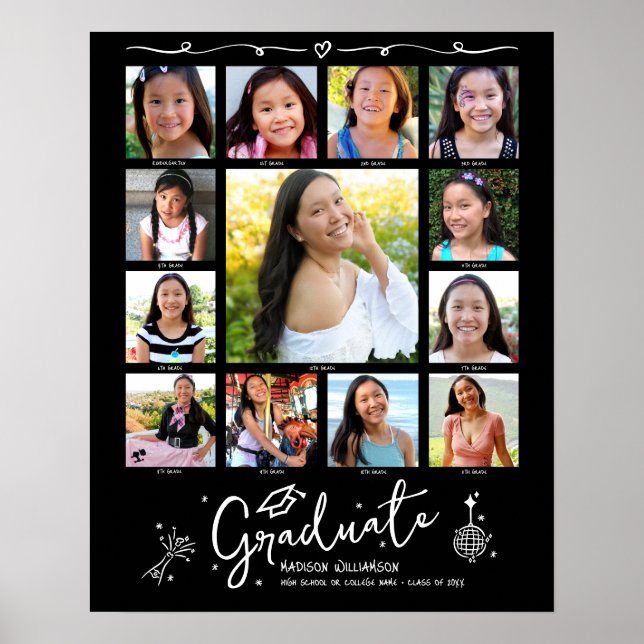 Affiche Black Graduation K–12 Photo Collage White Doodles (Devant)