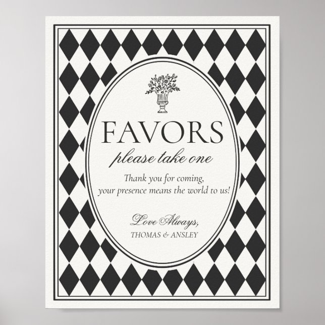 Affiche Black Harlequin Checkered Wedding Favors Sign (Devant)
