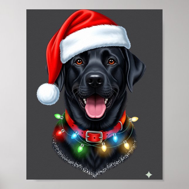 Affiche Black Lab Labrador Christmas Dog Santa Hat Light P (Devant)