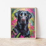 Affiche Black Lab Portrait Art Moderne<br><div class="desc">Portrait d'art moderne saisissant d'un laboratoire noir dressé contre un arrière - plan de jardin fleuri rose et vert abstrait. La silhouette foncée du chien contraste magnifiquement avec les couleurs vibrantes et tourbillonnantes du jardin, mêlant nature et animal dans un style expressif et contemporain. Les coups de pinceau abstraits créent...</div>