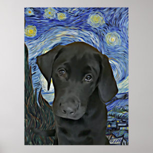 Affiche Black Lab Puppy Starry Night Van Gogh Inspiré