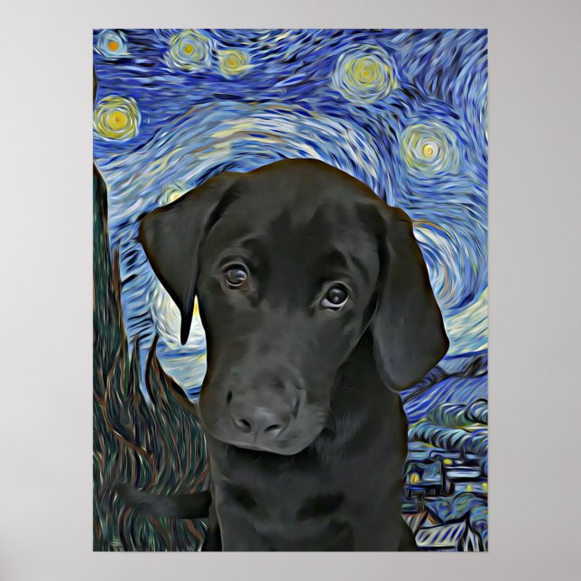 Affiche Black Lab Puppy Starry Night Van Gogh Inspiré (Devant)