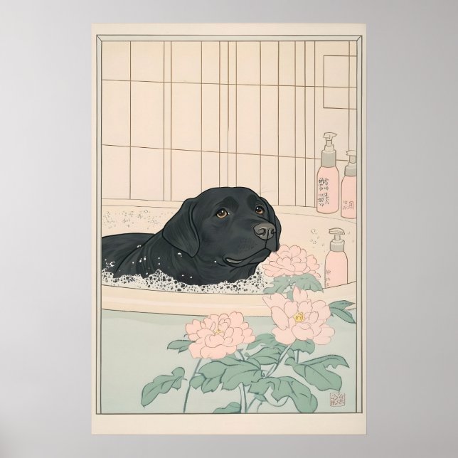 Affiche Black Labrador Bathroom Print Japandi Ukiyo-e (Devant)