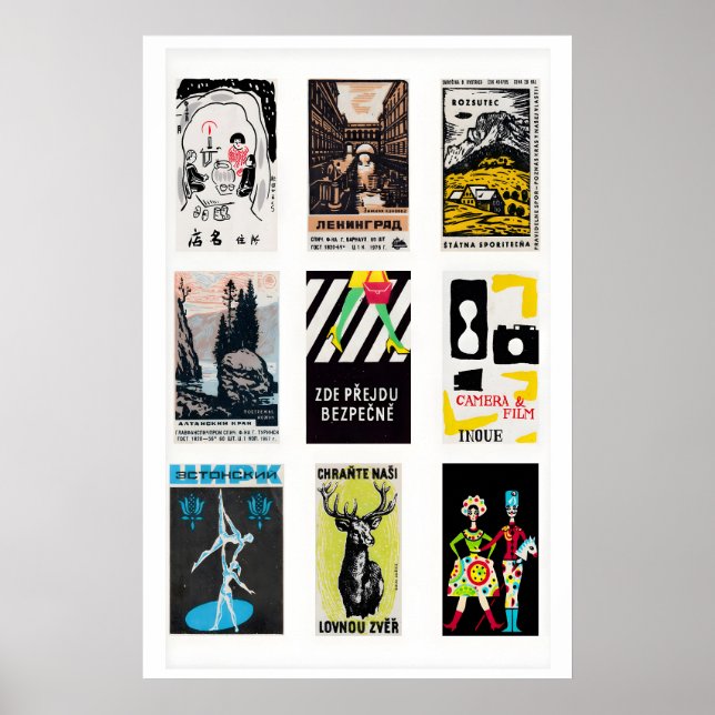 Affiche Black Matchbox Labels Grid Print, Vintage Ephemera (Devant)