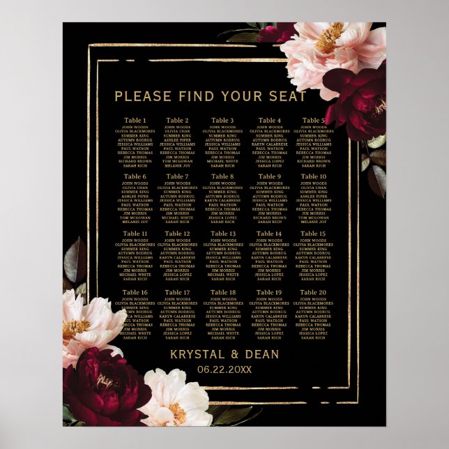 Affiche Black Moody Bourgogne Blush Floral Mariage Siège (Devant)