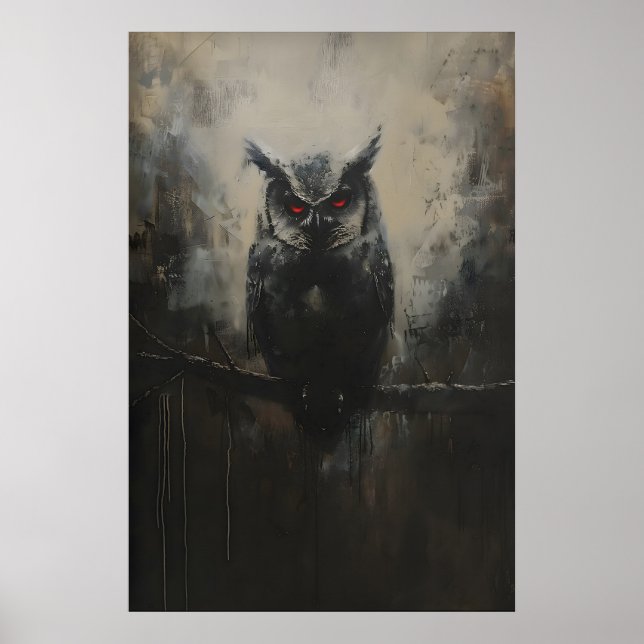 Affiche Black Owl with Red Eyes on Branch in Woodland Fore (Devant)