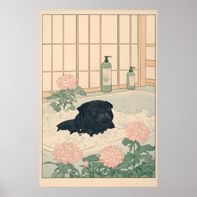 Affiche Black Pug Bathroom Print Kawaii Japandi Ukiyo-e (Devant)