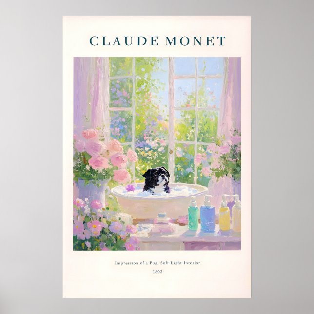 Affiche Black Pug Bathroom Print Monet Style French (Devant)