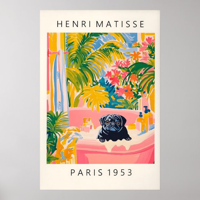 Affiche Black Pug in Bathtub Art Print Funny Dog Bathroom (Devant)