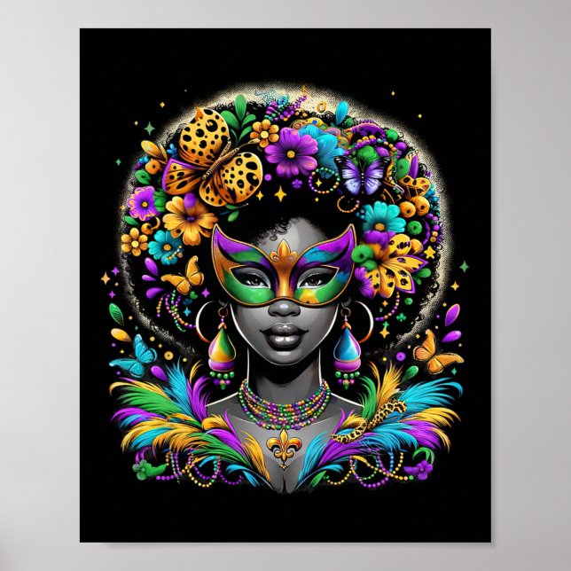 Affiche Black Queen Afro perles africaines Masque Mardi Gr (Devant)