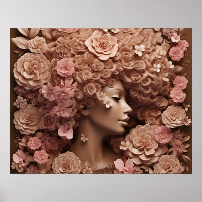 Affiche Black Queen Melanin Femmes Fleur florale 3D Afro (Devant)