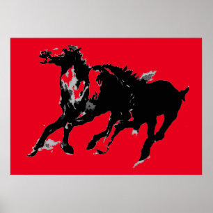 Affiche Black Red Pop Art Runses Horses Silhouettes