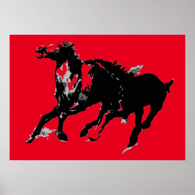 Affiche Black Red Pop Art Runses Horses Silhouettes (Devant)