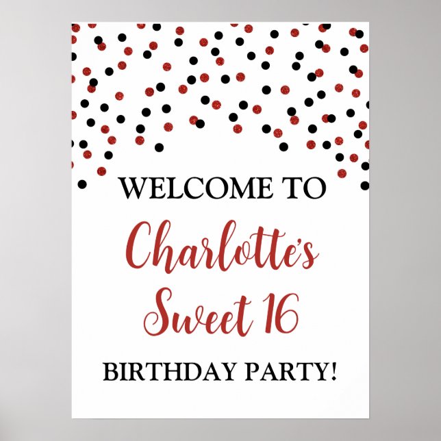 Affiche Black Red Sweet 16 Anniversaire Personnalisé 18x24 (Devant)