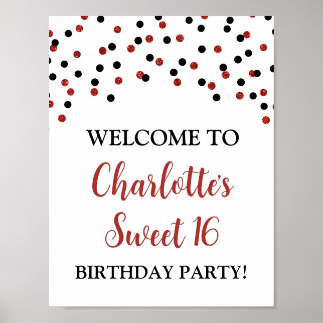 Affiche Black Red Sweet 16 Anniversaire Personnalisé 8,5x1 (Devant)