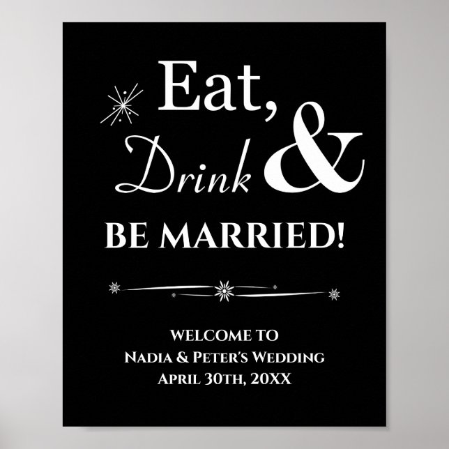 Affiche Black Retro Eat Drink Be Marié Bienvenue Mariage (Devant)