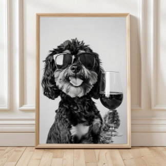 Affiche Black & Tan Cavapoo Drinking Wine Wall Art, Black 