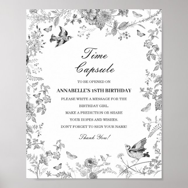 Affiche Black Toile Floral Time Capsule Baby Birthday Game (Devant)