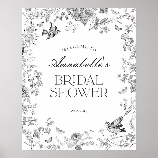 Affiche Black Toile Jouy Floral Bridal Shower Welcome Sign (Devant)