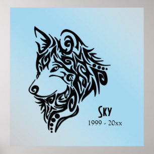 Affiche Black Tribal Wolf Memorial avec nom Date