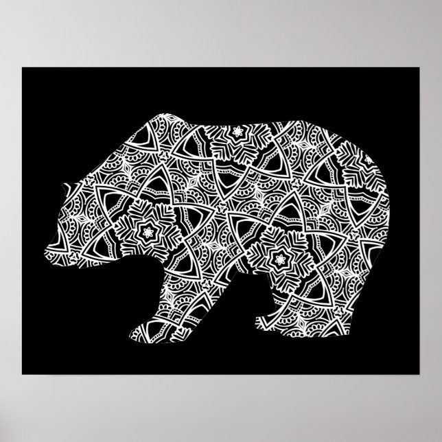 Affiche Black White Animal Bear Geometric Coloring Art (Devant)