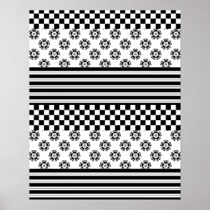 Affiche Black White Boho Check Floral Stripes Motif