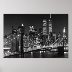 Affiche Black White Brooklyn Bridge New York Night