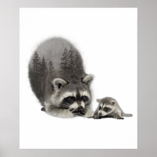 Affiche Black White Cute Raccoon avec bébé