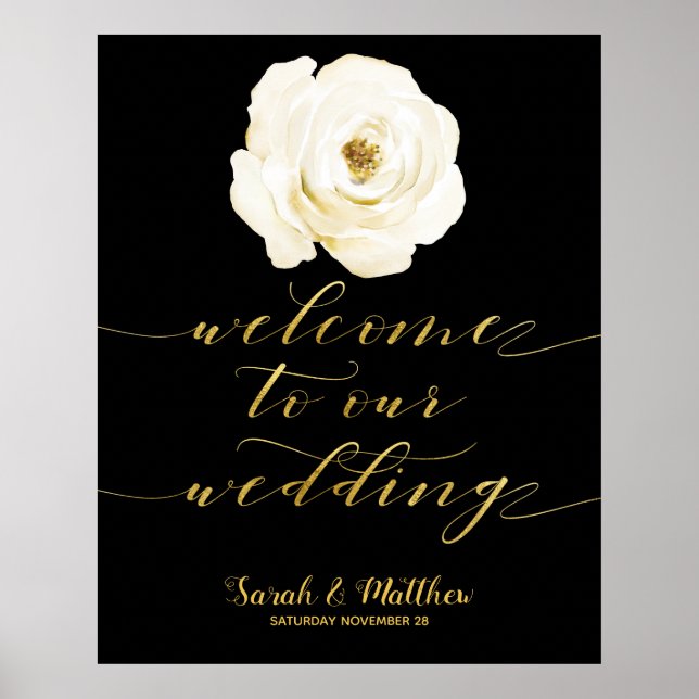 Affiche Black White Floral Gold Bienvenue À Notre Mariage (Devant)