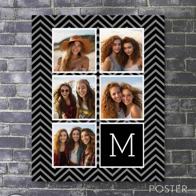 Affiche Black White Instagram 5 Photo Collage Monogram (Custom Photo Collage Poster)